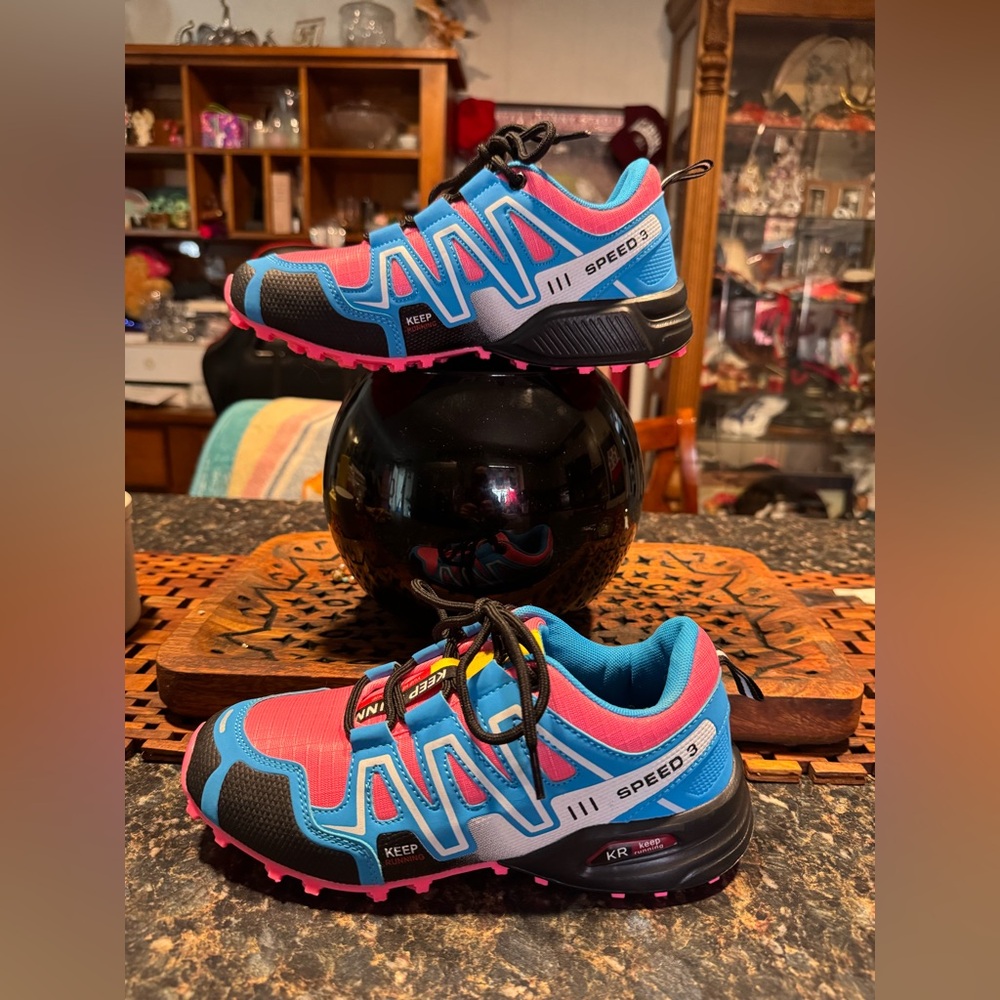 Blue and Pink Sneakers with Rugged Outsole for Outdoor Adventures